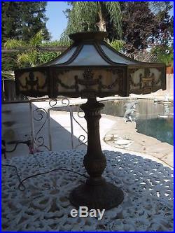 Beautiful French Empire Antique Arts & Crafts Slag Glass Dbl Socket Table Lamp