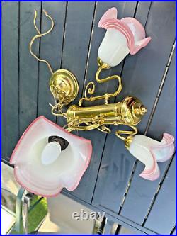Beautiful Murano vintage ceiling lamp with 3 tulips shades and brass structure