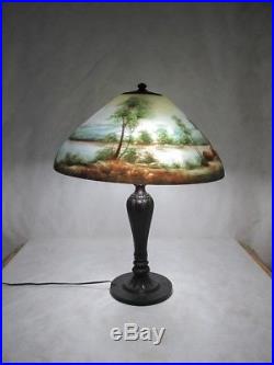 Beautiful Signed Jefferson Reverse Painted Lamp, Forest Scene At Night. C. 1910