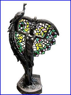 Beautiful Unique Crosa 2004 Lady Peacock Table Lamp 18 Stained Glass Look