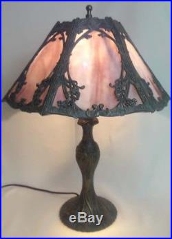 Beautiful Vintage 6 Panel Slag Glass Table Lamp Leaf Filigree Art Nouveau