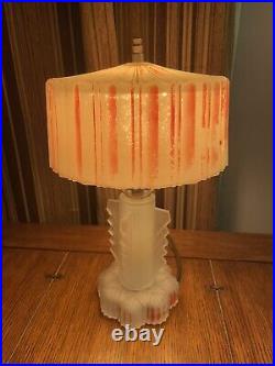 Beautiful Vintage Antique Art Deco Table Lamp All Glass Frosted White and Red