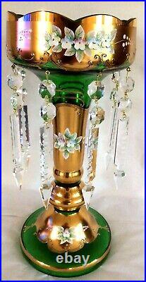 Bohemian 11MANTLE LUSTER LAMP. Gilt Gold & Emerald. 8 Prisms. Enameled Florals