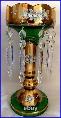 Bohemian 11MANTLE LUSTER LAMP. Gilt Gold & Emerald. 8 Prisms. Enameled Florals