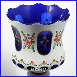 Bohemian Vintage Art Glass Lamps White Cut to Cobalt Hand Painted Flowers