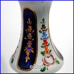 Bohemian Vintage Art Glass Lamps White Cut to Cobalt Hand Painted Flowers