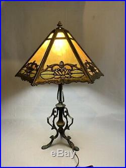 Bradley & Hubbard Slag Glass Lamp Iron Base Signed Shade 1920s Arts Crafts