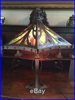 Bradley hubbard antique arts crafts mission slag glass leaded lamp handel era nr