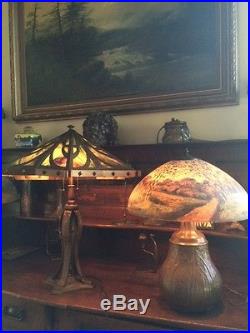 Bradley hubbard antique arts crafts mission slag glass leaded lamp handel era nr
