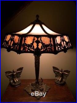 Bradley hubbard arts crafts slag glass antique victorian handel era panel lamp
