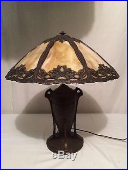 Bradley hubbard arts crafts slag glass hammered copper handel era antique lamp