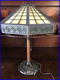 Bradley hubbard arts crafts slag glass mission leaded antique handel era lamp nr