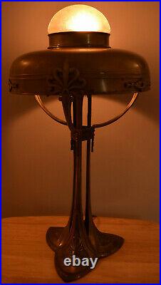 Brass Lamp Etched Glass Spider with Web Art Nouveau Antique