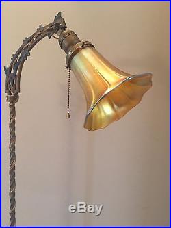 Bridge Floor Lamp w Signed QUEZAL Gold Art Glass Lamp Shade Steuben Tiffany Era