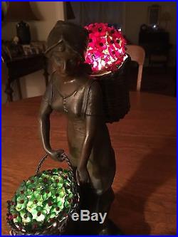 Bronze Antique German Art Deco Figural Maiden Lamp Czech Glass Flower Shades