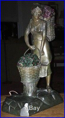 Bronze Antique German Art Deco Figural Maiden Lamp Czech Glass Flower Shades