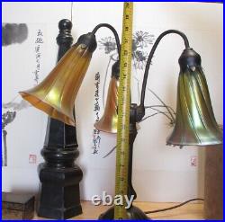 Bronze and Iridescent Art Glass Lily Lamp Three Light