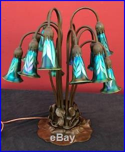 Buffalo Metal Works Bronze Tiffany Style Pond Lily Lamp 12 Art Glass Shades