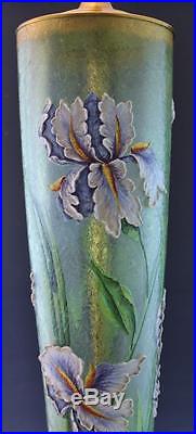 C1900 Mont Joye French Art Glass Vase Form Table Lamp Enameled Iris Flowers NR