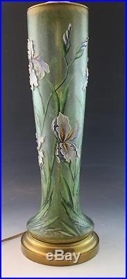 C1900 Mont Joye French Art Glass Vase Form Table Lamp Enameled Iris Flowers NR