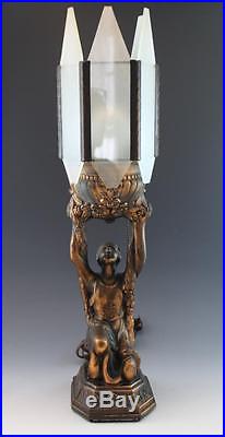 C1920s Bronze Patina Figural Nude Woman Art Deco Lamp with Frosted Glass Shades NR