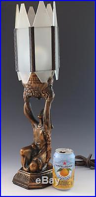 C1920s Bronze Patina Figural Nude Woman Art Deco Lamp with Frosted Glass Shades NR
