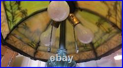 C. 1910 Antique Arts & Crafts Slag Glass Scenic Lamp 3 Socket Miller Pittsburgh