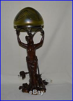 C. 1920's Art Nouveau Lamp Maiden Standing Bronze Art Glass Loetz Shade, Europe