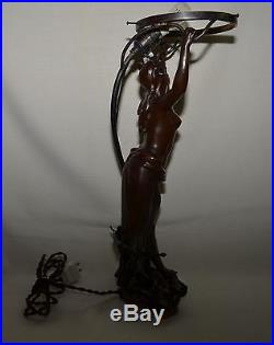 C. 1920's Art Nouveau Lamp Maiden Standing Bronze Art Glass Loetz Shade, Europe