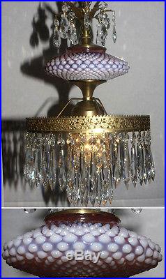 Ceiling brass lamp with opalescent Fenton Cranberry art Glass Crystal prisms 1o2