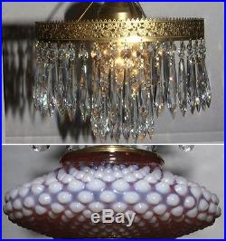 Ceiling brass lamp with opalescent Fenton Cranberry art Glass Crystal prisms 1o2