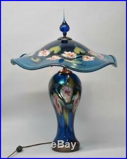 Charles Lotton Art Glass Table Lamp With Shade Cobalt Blue Rose Flora Signed 97