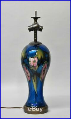 Charles Lotton Art Glass Table Lamp With Shade Cobalt Blue Rose Flora Signed 97