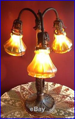 Copper antique lamp 3 Steuben shade-Handel Tiffany- Art Glass- arts crafts era