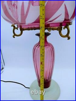 Cranberry Art Glass Mushroom Dome Table Lamp Signed Floral