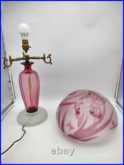 Cranberry Art Glass Mushroom Dome Table Lamp Signed Floral