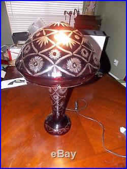 Cut To Clear Bohemian Glass Blood Red Mushroom Lamp Double Lit