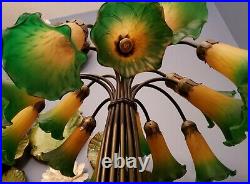 Dale Tiffany Lily Pad Tulip Lamp 15 Arm Lamp Green Amber Art Glass Shades