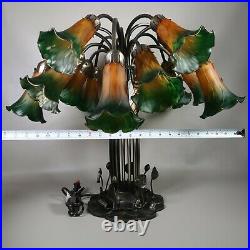 Dale Tiffany Tulip Table Lamp Lily Pad Base 15 Arms Art Glass Shades Amber Green