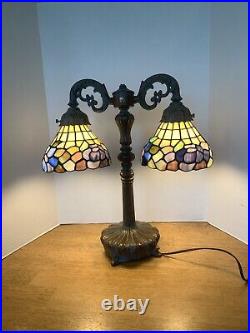 Double Bridge Tiffany Style Table Lamp with Art Glass Shades
