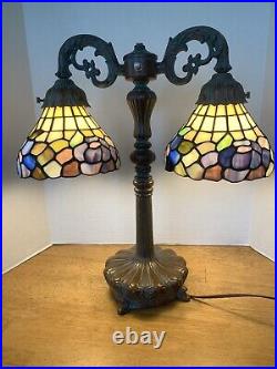 Double Bridge Tiffany Style Table Lamp with Art Glass Shades