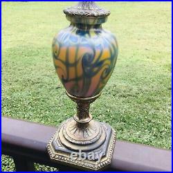Durand Art Glass King Tut Vase Bronze Lamp 1920s Gold Peacock Iridescent Swirl