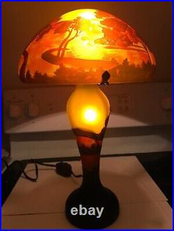 EMIILE GALLE, NEWithREPRO CAMEO GLASS LAMP, LOVELY SUNSET/FOREST/WATER SCENE