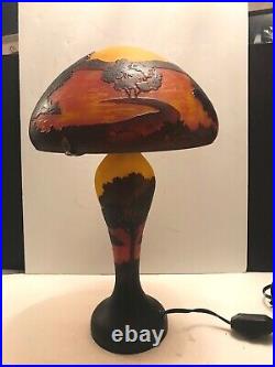 EMIILE GALLE, NEWithREPRO CAMEO GLASS LAMP, LOVELY SUNSET/FOREST/WATER SCENE