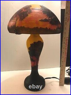 EMIILE GALLE, NEWithREPRO CAMEO GLASS LAMP, LOVELY SUNSET/FOREST/WATER SCENE