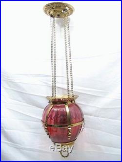 Early Cranberry Art Glass Shade Pendant Chandelier Ceiling Hall Light Fluid Lamp