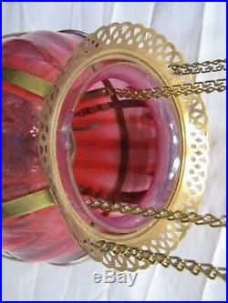 Early Cranberry Art Glass Shade Pendant Chandelier Ceiling Hall Light Fluid Lamp