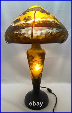 Emile Galle Textured Painted All Glass Shade Base Table Lamp 23H x 13.5W Vtg