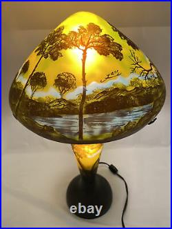 Emile Galle Textured Painted All Glass Shade Base Table Lamp 23H x 13.5W Vtg