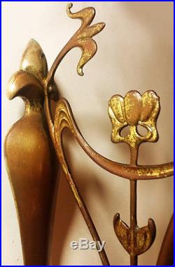 English Arts Crafts Whiplash Wall Sconce Lamp Art Nouveau orig. Glass Shade 1900